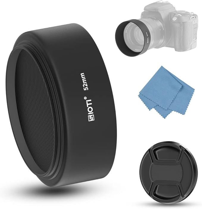 SIOTI 52mm Lens Hood, Oxidation Matte Anti Reflective Treatment, Aluminum Alloy, with 1 * 58mm Lens Cap, Compatible with Sony/Canon/Nikon/Fuji etc >50mm Camera Lens