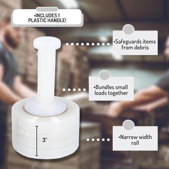 PSBM 18 Rolls 3 Inch x 600 Feet 120 Gauge Mini Stretch Film/Wrap with Plastic Handle, Heavy Duty Industrial Strength Clear Shrink/Plastic Wrap for Moving, Packing, Shipping, Bundling & Storage