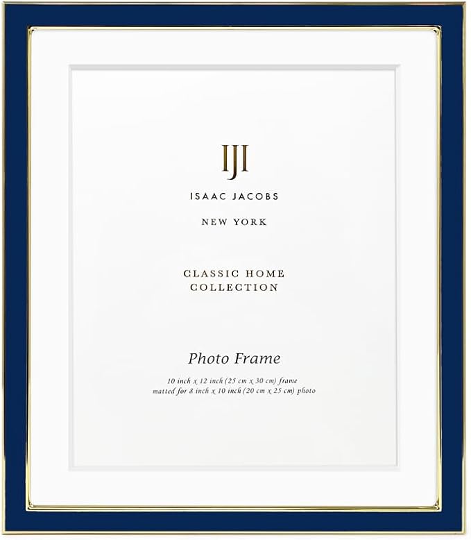 Isaac Jacobs 10x12 (Matted 8x10) Navy Enamel Picture Frame with Gold Metal Edge and Easel, Tabletop Display, Wall Décor, Photo Gallery, (10x12 (Matted 8x10), Navy with Gold)