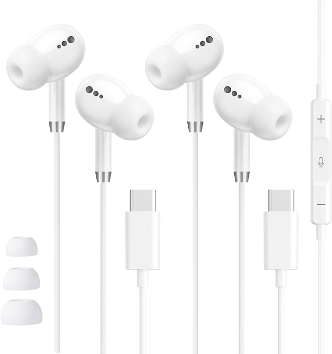 USB C Headphones for iPhone 17 16 15, Wired Earbuds with Mic & Remote Control, Nosie Cancelling for Apple Headphones with 3 Size Tips, Type C Earphones for Android, Galaxy S25 S24, Pixel 9, 2 Pack