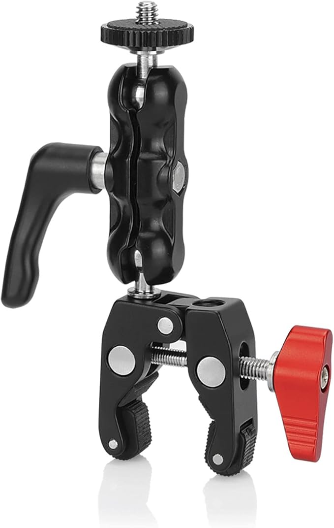 Multi-Functional Ballhead Clamp Magic Arm Adapter with Bottom Clamp Super Robust Central Lock Knob(Red)