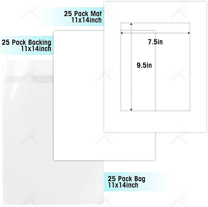 Golden State Art, Acid Free, Pack of 25, 11x14 White Picture Mats Mattes with White Core Bevel Cut for 8x10 Photo + Backing + Bags