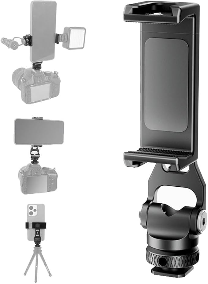 Metal Phone Tripod Mount Holder with Cold Shoe Smartphone Clamp Adapter 1/4" Thread 360° Rotates and 180° Tilt