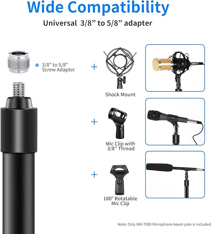 NEEWER NW-7000 Microphone Boom Arm, 3 Section Extendable Handheld Mic Arm with 3/8" & 3/8" to 5/8" Screw Adapter, 3ft to 8ft Adjustable Length,Auxiliary