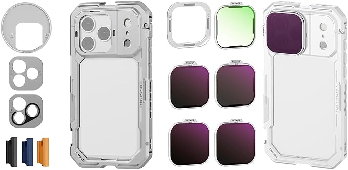NEEWER PA143 Phone Cage Compatible with iPhone 17 Pro + ND & Black Diffusion1/4 Filter Set for PA143/PA144 Phone Cage Only, Quick Release Video Rig Stabilizer Accessories with 67mm Filter Ring, Silver