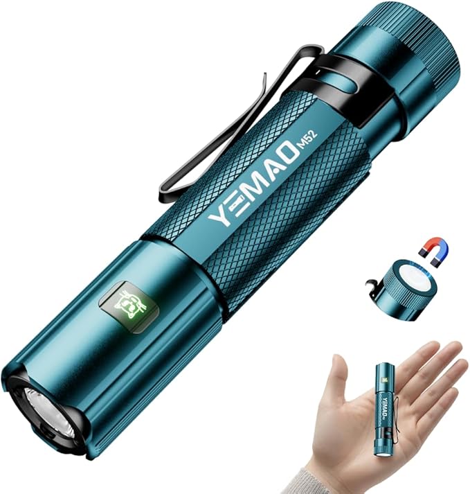 Yemao Emergency EDC Flashlight,Rechargeable 1500LM Mini Light - 6 Modes with Magnet/Clip,Portable Pocket-Sized Keychain Flashlight,IP6 Waterproof LED Torch for Outdoor and Home Use (Blue)