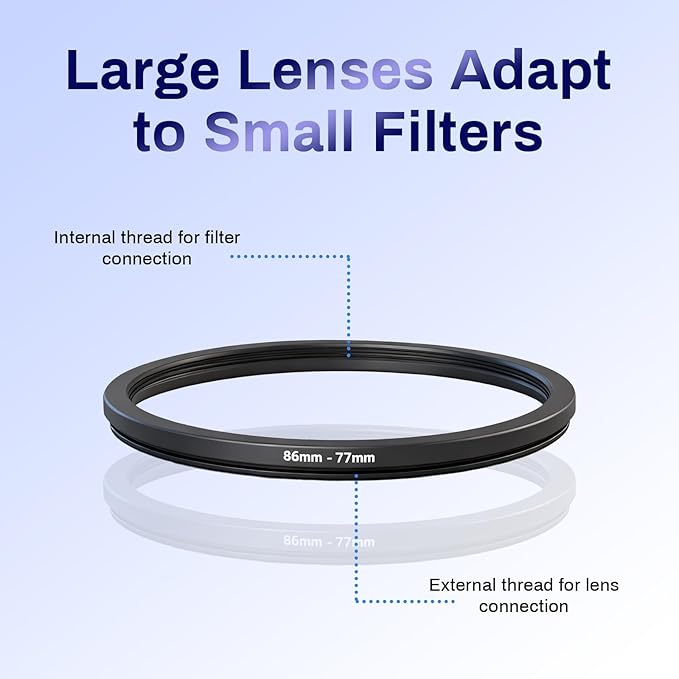 86-77mm Step Down Ring Adapter Filter, Metal Camera Lens Filter Adapter Ring Set Universal Black Stepping Rings Fits 86mm Lens to 77mm UV/CPL/ND Filters Hoods Converters