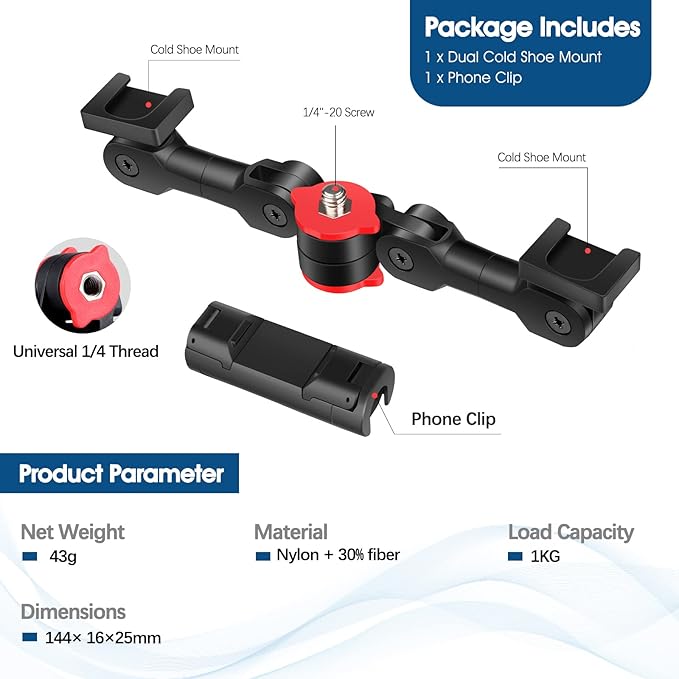 ChromLives Cold Shoe Mount Adapter with Phone Clip,Rotatable Dual Cold Shoe Extension Bracket Hot Shoe Mount Adapter for Led Light/Microphone