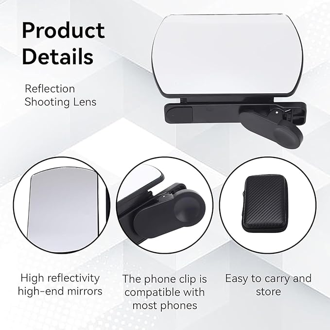 Smartphone Camera Mirror Reflection Clip Kit, Mirror Reflection Clip - Capture Stunning Reflections Instantly, Adjustable HD Glass Smartphone Photography Flip Mirror (Black*2)