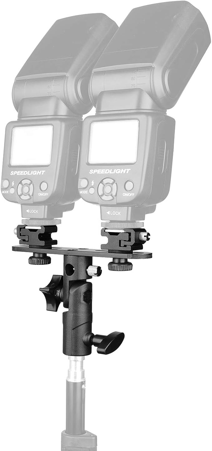 ChromLives Dual Flash Bracket Hot Shoe Speedlight Stand Umbrella Holder Light Stand Bracket Mount 1/4'' to 3/8'' Compatible with Studio Video DSLR Camera Canon Nikon Yongnuo