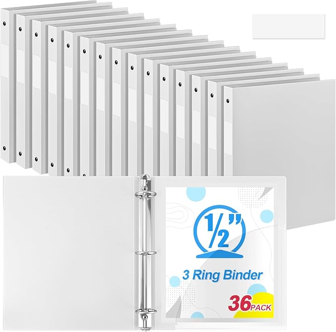 Henoyso 36 Pcs 3 Ring Binder 1/2'' Round Fits Letter Size 8.5'' x 11'' Paper Plastic Flexible Binder Holds 140 Sheets with 1 Pockets Versatile Organizer for Home Office School (White)