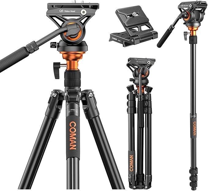 COMAN 73" Camera Tripod with Fluid Head, Lightweight Portable Tripod for Camera with Detachable Monopod Aluminium Alloy and QR Plate for DJI Canon Nikon Sony DSLR Camera Black Max Load 22.04lb(FF06S)