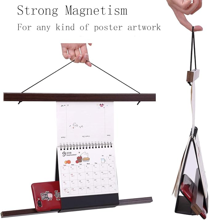 Ywlake Magnetic Poster Hanger, 11x17 11x14 11x22 Poster Frame Wood Wooden Magnet Print Posters Dowel Scroll Hanger Hangers Hanging Kit for Walls Map Canvas Artwork (Walnut, 11")