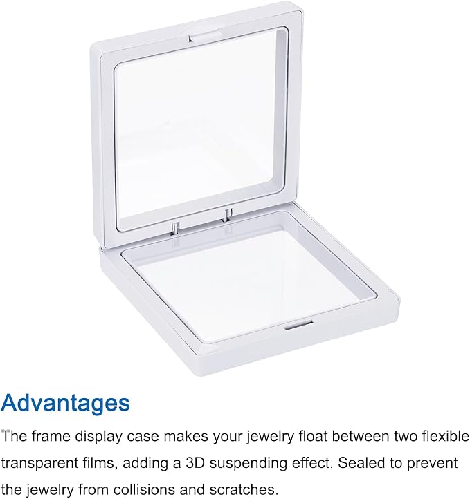 MECCANIXITY Floating Frame Display Holder Stand 3D Jewelry Display Boxs 3.54 x 3.54 x 0.79 Inch White for Ring Necklace Bracelet Earring Pack of 2