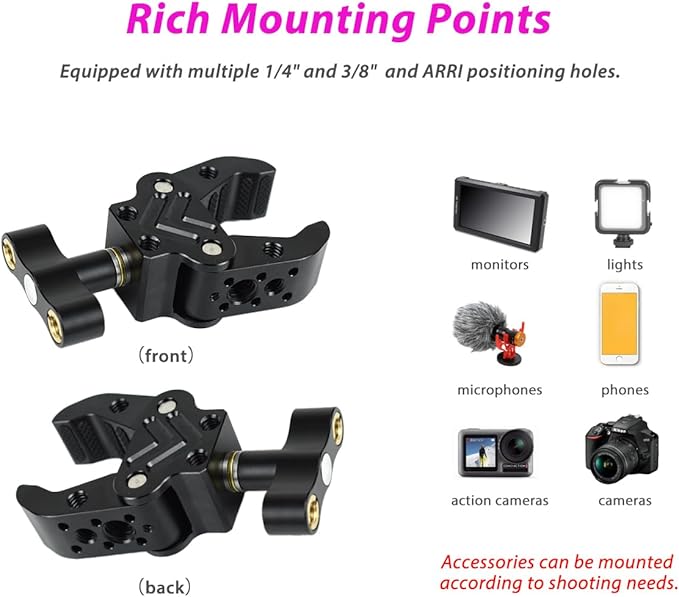Super Clamp with 1/4" 3/8" Threads, Camera Clamp Mount for LED Lights,Magic Arm, Mic, Wireless Flash Receivers, Triggers, Photography Accessories