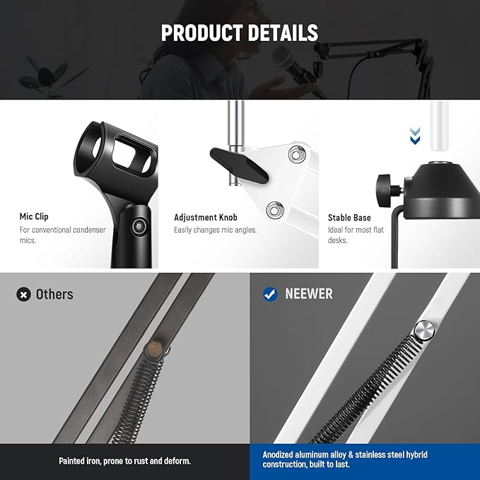 NEEWER Suspension Boom Arm Scissor Mic Stand, Microphone Arm Desk Stand with 3/8" to 5/8" Screw, Cable Ties Compatible with Blue Yeti Snowball Yeti X Quadcast, Max Load 3.3lb/1.5kg, NW-35, White