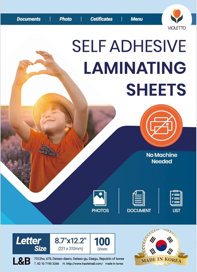 VIOLETTO Self Adhesive Laminating Sheets 12.3x17.1 inch, 20 Pack, 4mil Thickness, No-Machine Needed, QuickPeel, Instashield, Stick&GO (100 Sheets, Letter Size 4mil)