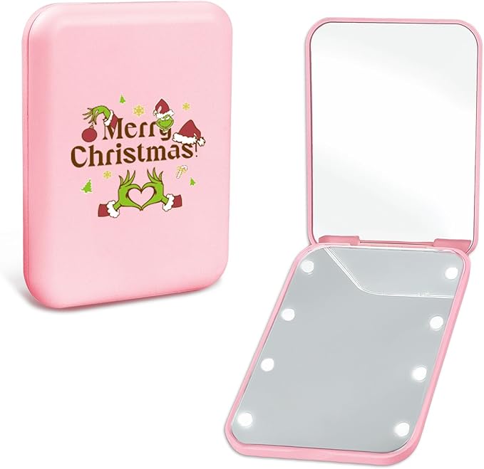 Preppy Cute Pink Travel Compact Mirror with Light for Purses 1X/2X Magnification Small Led Portable Pocket Makeup Mirror, Trendy Christmas Birthday Gift Stocking Stuffers for Teen Girls Women