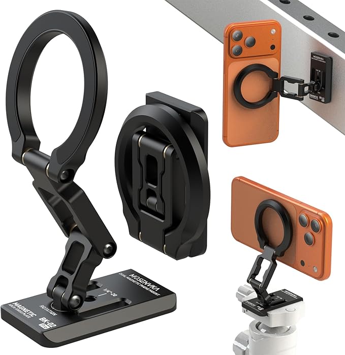Dual Magnetic Phone Holder Gym Magnetic Stand,Tripod Phone Mount (1/4'' Hole& ARCA-Swiss),Portable Phone Grip for iPhone 12/13/14/15/16/17-Desk/Car/Gym/Golf Cart/Airplane Use Stand (Black)