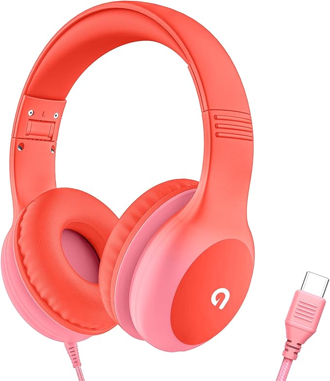 Wired Kids Headphones with USB C Plug, 85dB Safe Volume, Adjustable Headband, Tangle-Free Cord Headphones for School, Tablet, Travel (Coral Red & Soft Peach, Without Microphone)