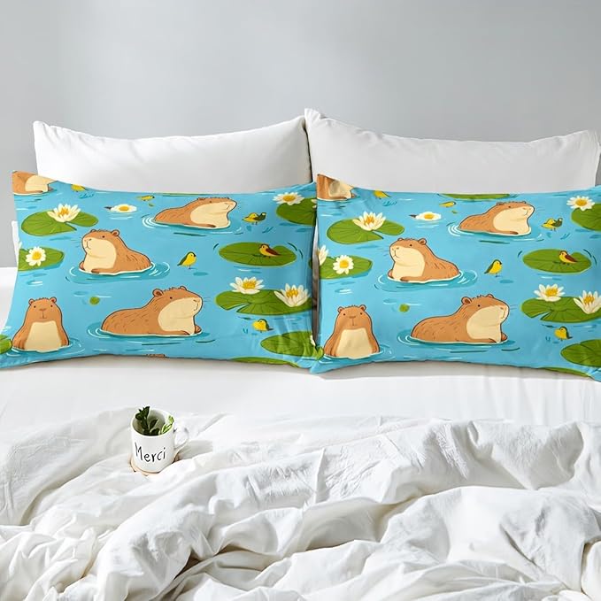 Erosebridal Capybara Twin Bed Sheets - Lovers Sheet Set for Kids, Funny Animal Sheets with Cute Cartoon Capybaras, Botanical Flowers Decor Gifts