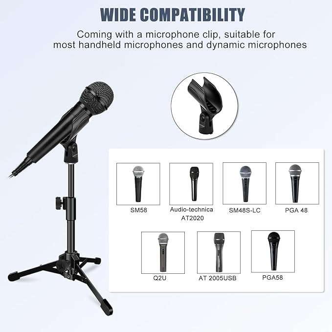 Desk Mic Stand, JCWINY Portable Foldable Microphone Tripod with Mic Clip Holder Adjustable Table Microphone Stand for Blue Yeti Snowball Spark and Other Dynamic Microphones