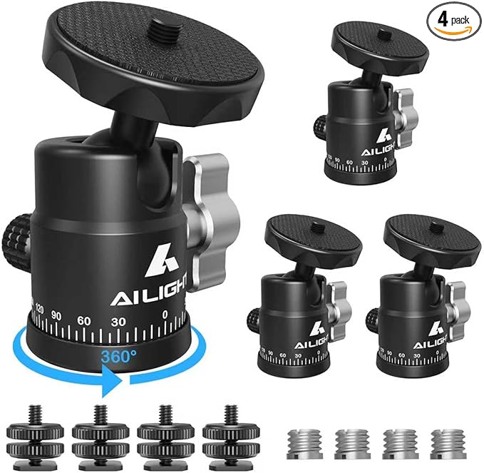 Ailight Mini Ball Head, 360° Panoramic Tripod Head, Universal 1/4" to 3/8" Screw Adapter Swivel Mini Ball Head Screw Tripod Mount, Dual Cold Shoe Mount for DSLR Cameras Camcorder（4 Pack