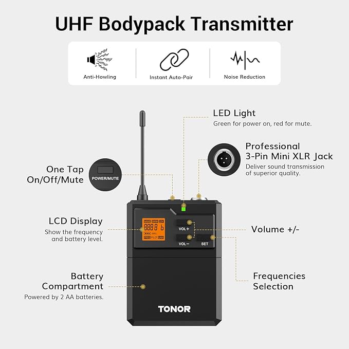 TONOR UHF Wireless Microphone System with Headset Lavalier Lapel Mic, Bodypack Transmitter, Rechargeable Receiver, 15 Channels 60 m/200ft Range 1/4" Output for Recording, 1 Bodypack Mic