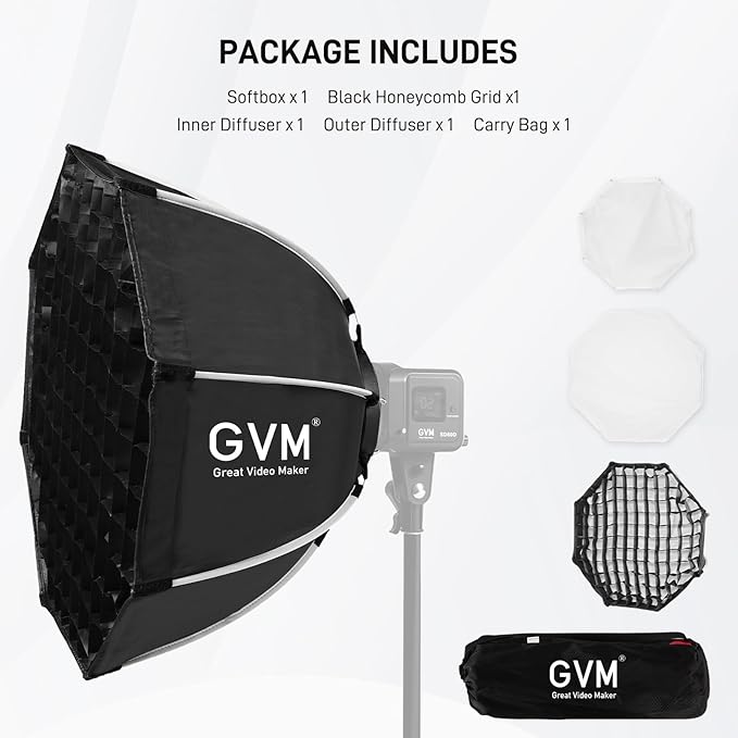 GVM 24.6in Softbox Soft Light Bowens Mount, 65cm Quick Release Softbox & Honeycomb Grid Compatible with GVM P80S/ SD80D/G100W/PR150R/PRO-SD200B/PRO-SD300B Video Light and Other Brand Video Lights