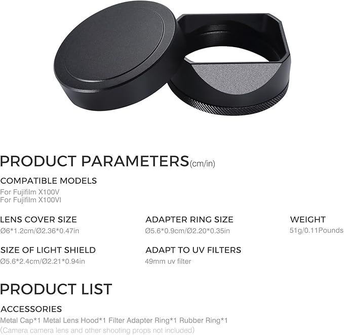 Metal Square Lens Hood (with Cover) with 49mm UV Filter Adapter Ring Compatible with for Fujifilm X100V/X100VI (Aluminum Alloy-Black)