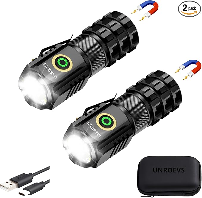 2-Pack XC06 Mini Flashlight Rechargeable,Pocket Flashlight with Magnet,Super Bright Small Compact Flashlight,5 Modes EDC Flashlight for Camping,Emergency.