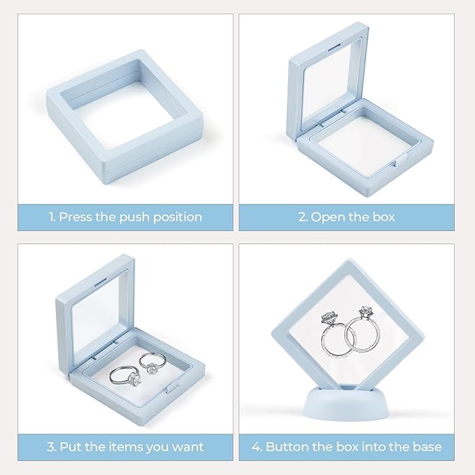Ring Challenge Coins Display Stand, 3D Display Floating Frame Jewelry Medallion Specimen, Ring Shadow Box Case, 2.75"x2.75"x0.79"(Blue - 2PCS)