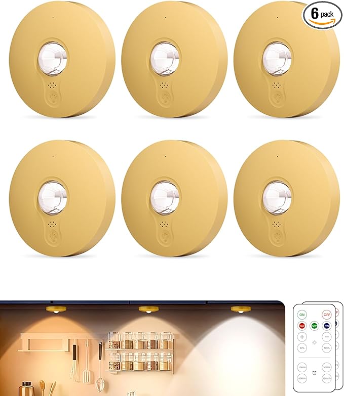 Rechargeable Puck Lights, 6-Pack LED Tap Lights with Remote, 1500mAh Battery, Dimmer & Timer, Wireless Stick-On Under Cabinet Lights for Closet, Bedroom, Kitchen, Gold 6Pcs