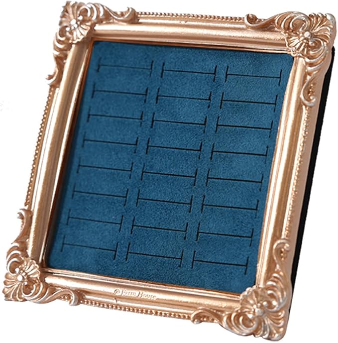 Vintage Photo Frame Ring Holder - 24 Slot Velvet Jewelry Organizer Display Stand for All Ring Sizes, Gold Baroque Elegant Storage Tray for Wedding Engagement Collection Photography (Blue)