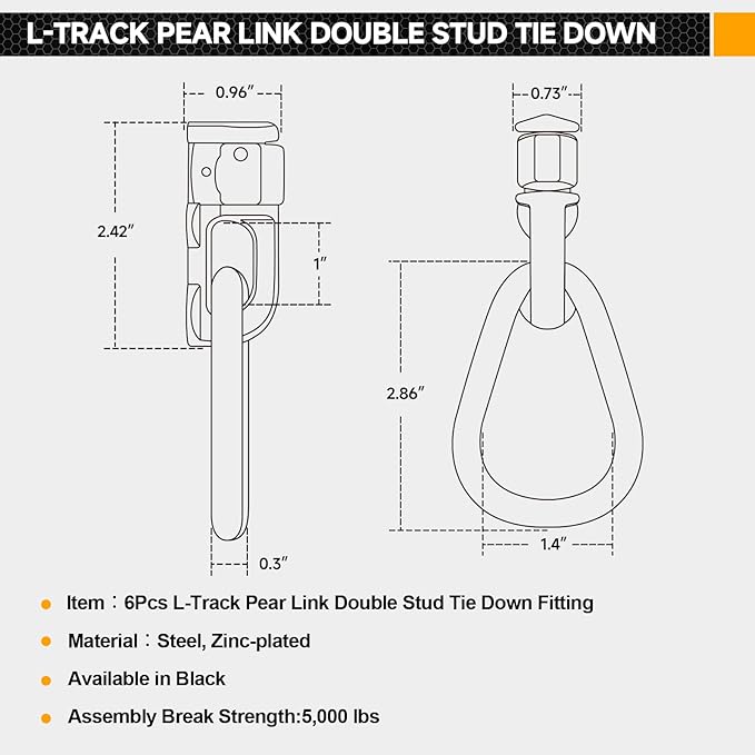 L-Track Double Stud Tie Down Fitting with Pear Link | Used with L Track Rail for Truck Bed,Trailer Cargo Control,Pickup,RV,ATV,Bearing 5000 LBS Heavy Duty Steel (Pack of 6 Black)