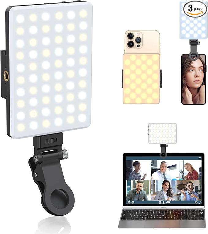 Selfie Light, Phone Light with Front & Back Clip, 60 LED Portable Light with 3 Modes, 5000mAh Rechargeable Video Light for Phone, iPhone, IPad, Laptop, TikTok, Makeup, Live Stream, Vlog