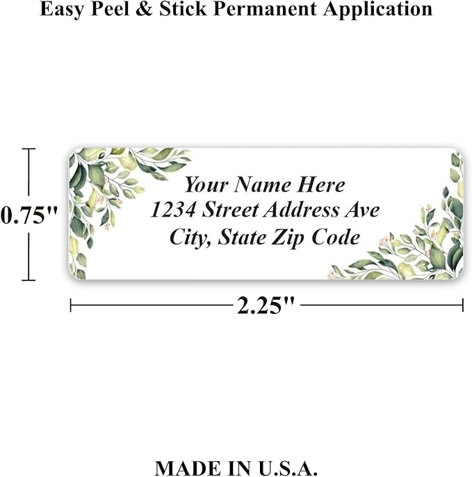 Personalized Return Address Labels Corner Leaves - Custom Mailing Labels/Stickers for Envelopes, Easy Peel and Stick, Permanent Flat Sheet Rectangle Labels (White) Made in The USA (60)
