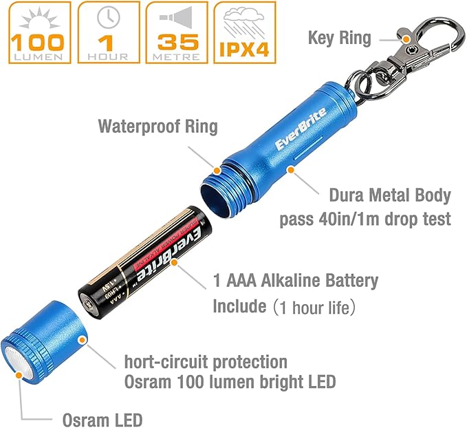 EverBrite Keychain LED Flashlight Mini Bright Key Ring Portable Pocket Torch for EDC, Party Favors, Night Reading, Camping, Power Outage, Emergency, AAA Battery Included, Blue