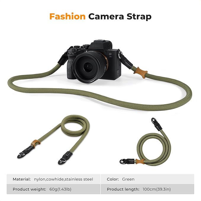 K&F CONCEPT Camera Neck Strap,100cm Nylon Rope Camera Shoulder Strap with O-ring for DSLR Camera-Green