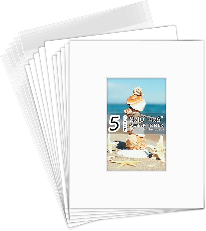 Golden State Art, Acid Free, Pack of 5, 8x10 White Picture Mats Mattes with White Core Bevel Cut for 4x6 Photo + Backing + Bags