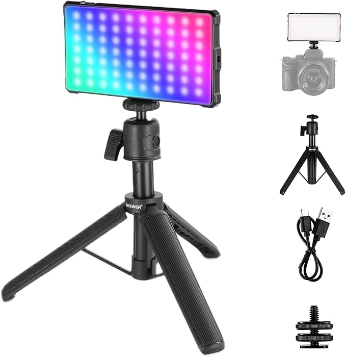 NEEWER Basics Full RGB Camera Video Light with Desk Tripod Stand, 8W CRI97 2700K-7500K 17 Scenes 4000mAh Portable Metal Small LED Panel Lighting for DSLR Streaming Photography Video Recording, SL90C