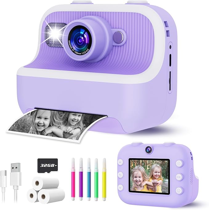 Instant Print Camera for Kids, Christmas Birthday Gifts for Girls Boys, Kids Camera Instant Print with Dual Cameras 1080P Digital Camera Toys for 4 5 6 7 8 9 10 Year Old Girl with 32GB SD Card-Purple