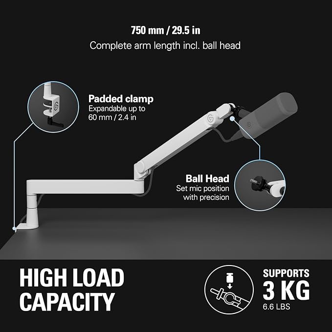 Elgato Wave Mic Arm Pro White - 360° Rotatable Low Profile Gas Spring Microphone Arm, Works Mics/Shure SM7B/HyperX QuadCast/Rode/Blue Yeti & More – for Broadcasting/Podcasting/Streaming