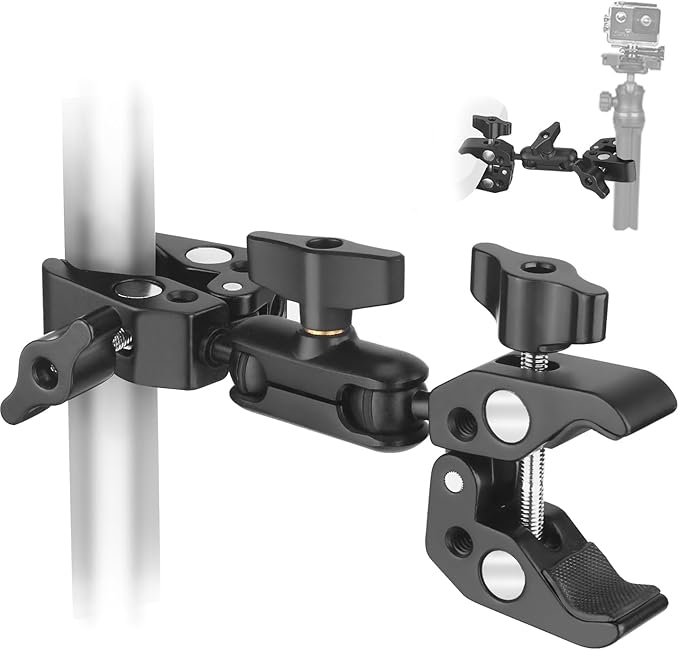 YAYOYA Double Super Clamp Camera Mount, Umbrella Holder Bracket with 360° Ballhead Magic Arm for Pole, Tripod Clamp Mount for Cross Bar, Light Stand, Strollers, Photo Boom Stand, Reflector - CB08