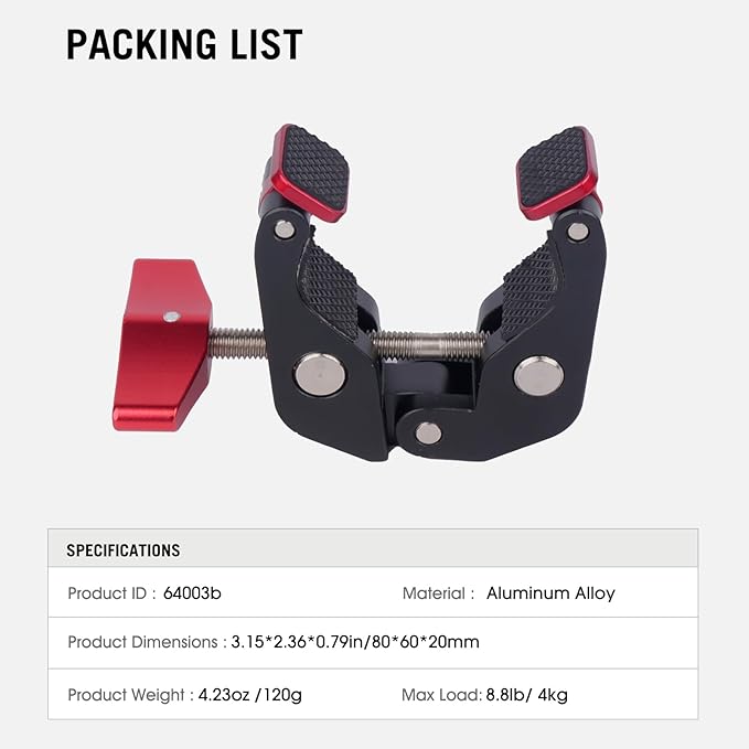 Came-TV Super Clamp Camera Mount with 1/4" and 3/8" Thread Holes, Aluminum Crab Clamp Mount with Locating Holes/Rubber Pads for Most Photographic Accessories, Max. Load 8.8lbs (64003B)