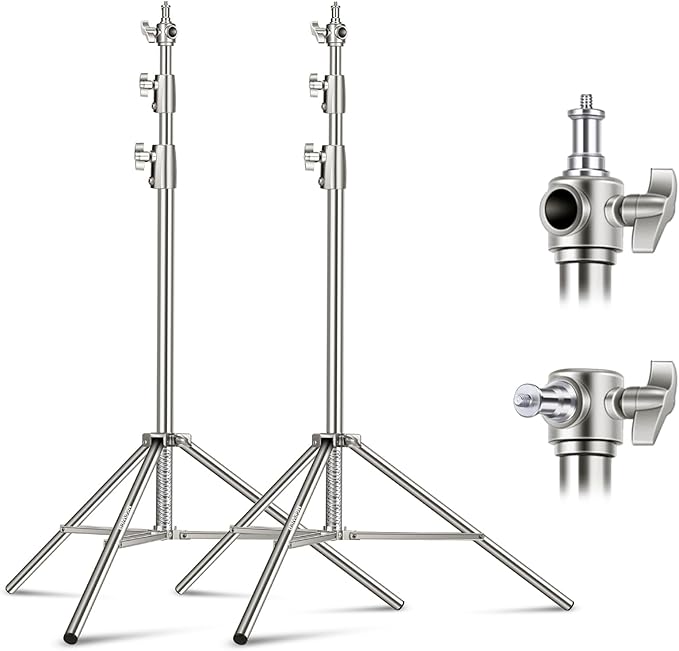 NEEWER 2Pcs 9.2ft Stainless Steel Light Stands, Spring Cushioned Heavy Duty Photography Tripod Stand with 1/4"-3/8" Adapter for Strobe Video Ring Light Monolight Softbox, 22lb Max Load, ST-280SS