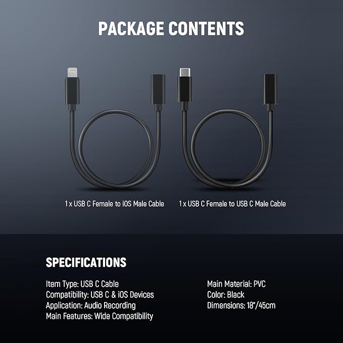 NEEWER 2 Pack OTG Adapter Cable Set, USB C Female to Type C Male + USB C Female to iOS Male, Compatible with iPhone iPad Android KM17 KM15 KM18 KM23 Wireless Microphone, 18"/45cm, LM7
