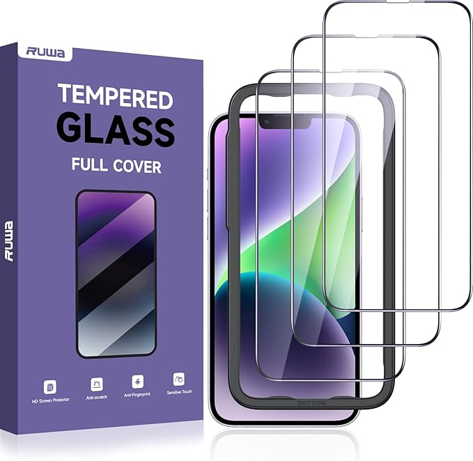 ruwa Screen Protector for iPhone 13/13 Pro/14/16e [3-Pack] [6.1 Inch] Display Tempered Glass Film with Easy Installation Frame, Ultra HD, 9H Hardness, Scratch Resistant, Case Friendly, Full Coverage