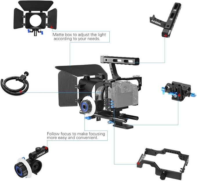 Andoer Camera Cage Kit C500 Aluminum Alloy Camera Camcorder Video Cage Rig Kit Film Making System with 15mm Rod Matte Box Follow Focus Handle Grip for Panasonic GH4 for Sony A7S/A7/A7R/A7RII/A7SII