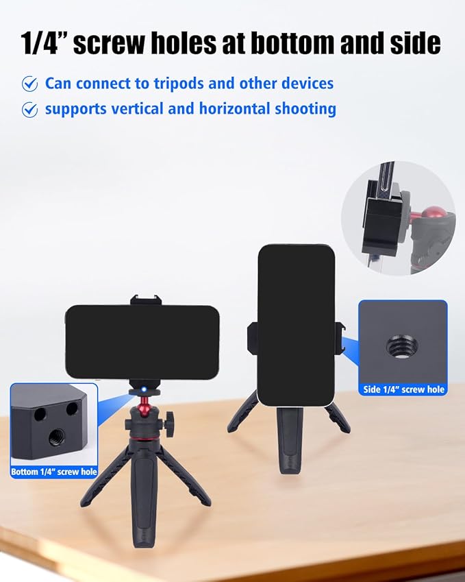 Universal Cold Shoe Phone Clamp Mount with Triple 1/4" Screws - 60-80mm Silicone Grip for iPhone Samsung Vlog Live Streaming Camera Accessories 84001